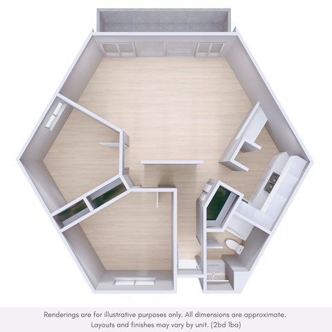 Floor plan for 2 beds, 1 bath, 950 sqft
